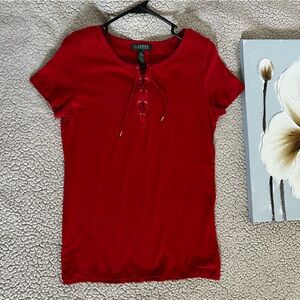 Lauren Ralph Lauren Lace-Up Front Top | Rust Red Short Sleeve | Casual & Classy